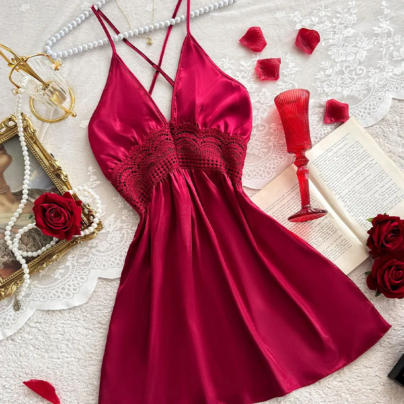 

Sexy Strap Nightdress Women Lace Nightgown Sleepwear Dressing Gown Home Dress Loungewear Summer Satin Sleepdress Lingerie