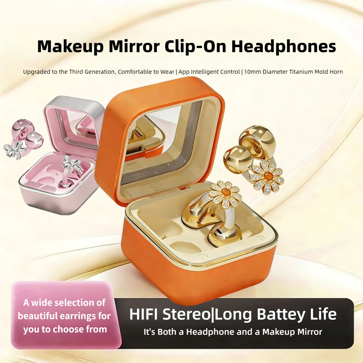 

Ear-Clip Fill light Makeup Mirror Headphones Bluetooth Wireless with Beautiful Earrings HIFI Stereo Long Battery Life for Music