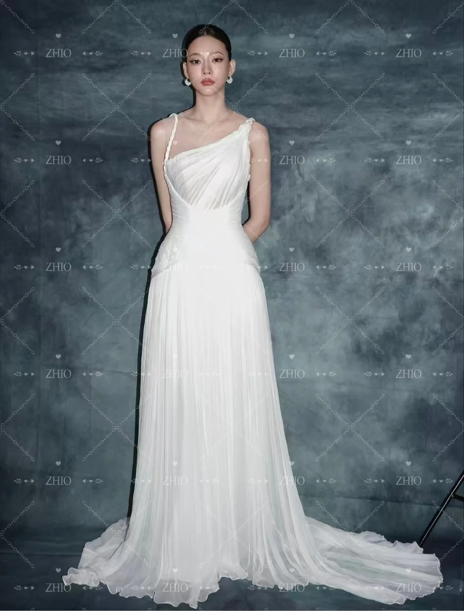 ZHIO أنيقة ثنيات فستان حفلات الزفاف السباغيتي الأشرطة سويب تراين كوريا صورة تبادل لاطلاق النار الزفاف ثوب مسائي مخصص ذاكرة ديريس