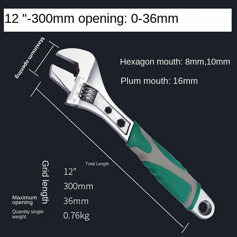 TOP Multifunctional Adjustable Wrench With Large Opening Pipe Plastic Coated Non-Slip Handle
