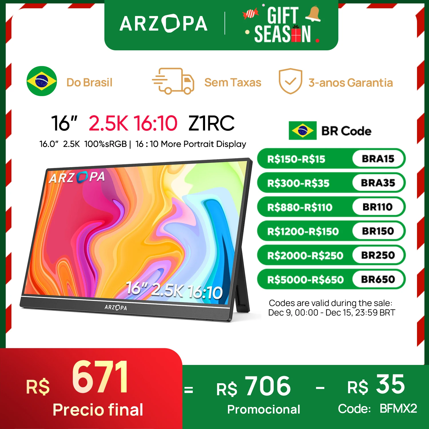 [produto no brasil] ARZOPA 16 polegadas 2K Monitor Portátil 16:10 Tela IPS com tipo-c mini hdmi Segundo Display para