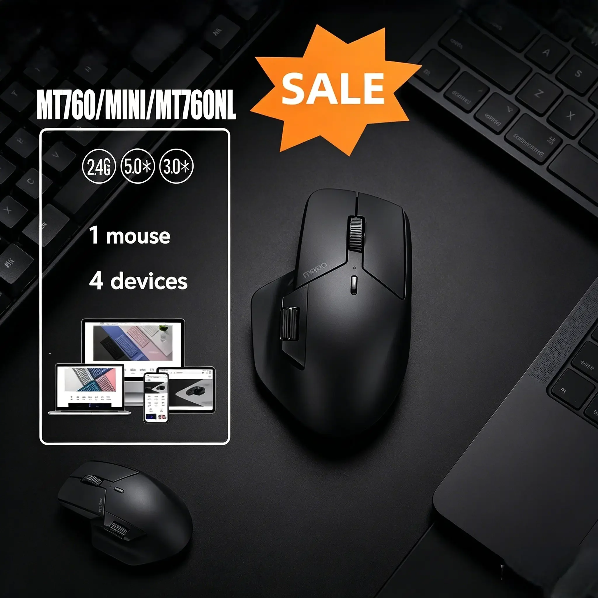 

4000 DPI Multi-Device Wireless Mouse, 2026 Rapoo MT760 Mini Ergonomic Rechargeable Bluetooth Mouse