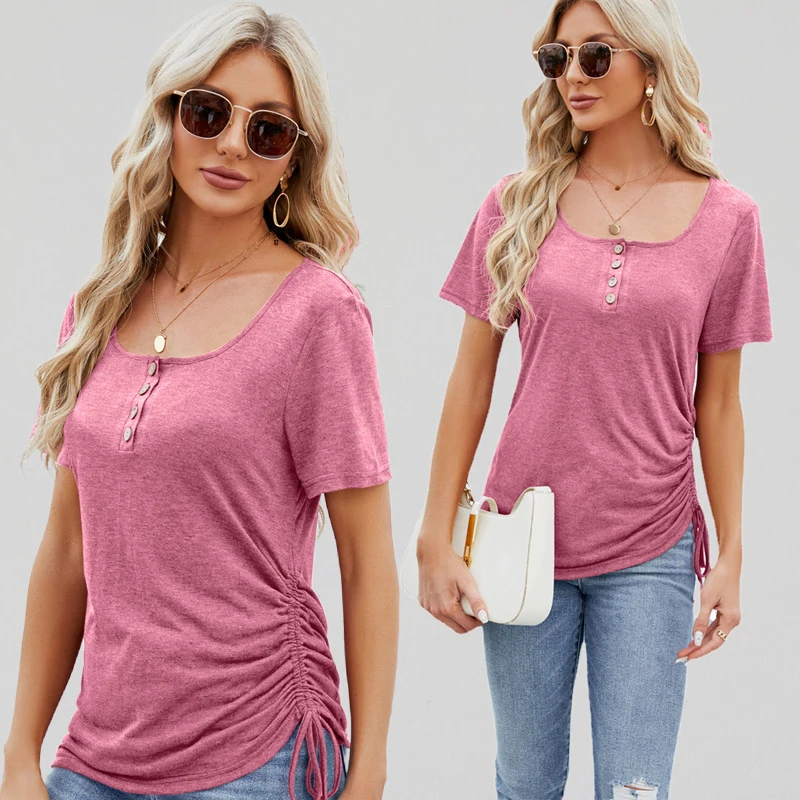 2024 Spring Summer T Shirt Vintage Button Half Open Uneck Loose Short Sleeve Tshirts Black Pink Soft Drawstring Ruched Tees  Top