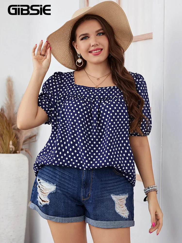 GIBSIE Plus Size Polka Dot Square Neck Puff Sleeve Top Blouse Women Boho 2024 Summer Korean Fashion Loose Blouses 3XL 4XL