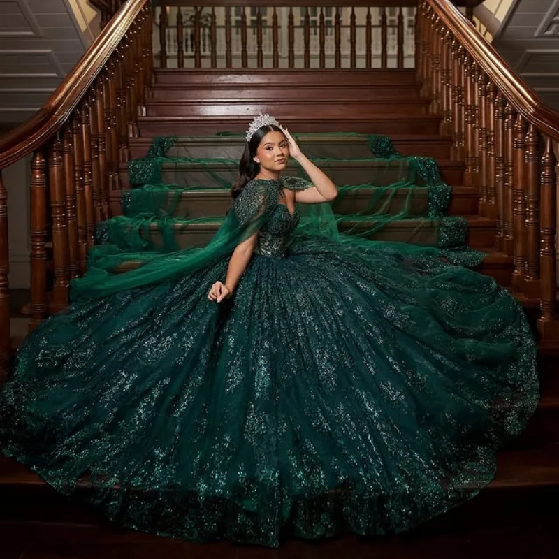 

Блестящее темно-зеленое платье Quinceanera с плечами, кружевное платье Quinceanera с кристаллами и блестками, украшенное бисером, платья de 15, Quinceanera ﻿ Индивидуальный