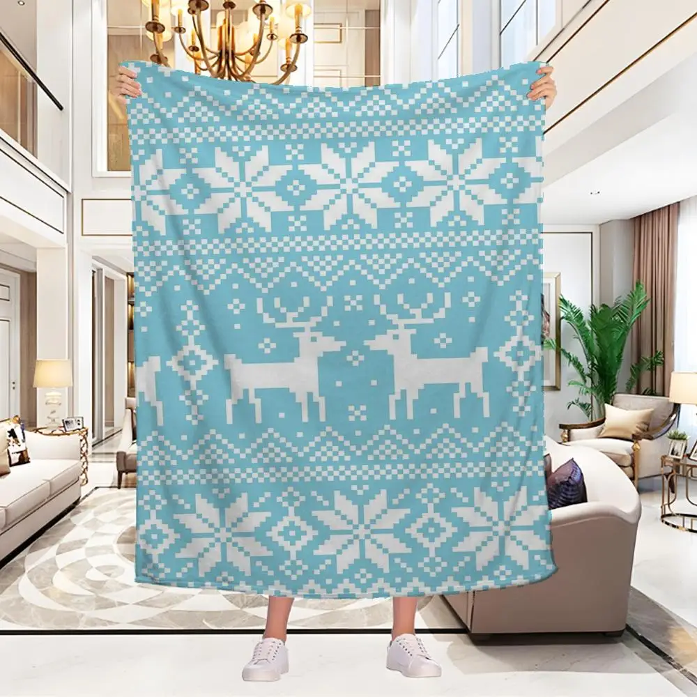 Nordic Christmas Flannel Blanket, Fair Isle Knitted Pattern Reindeer & Pine Tree Throw Blanket, Soft Cozy Decor Blanket For Xmas
