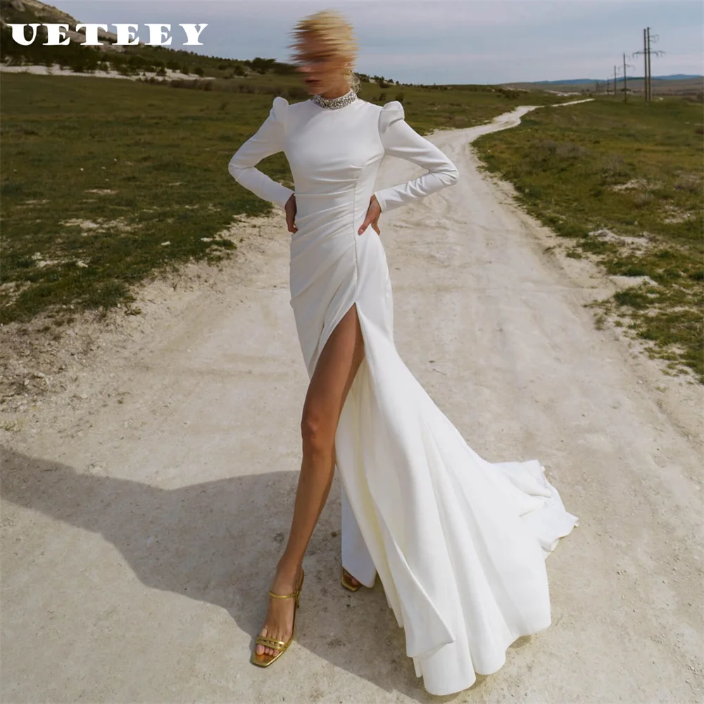 

UETEEY Customized Beaded High Neck Pleats Crepe Mermaid Wedding Dress Illusion Back Long Sleeves vestidos de novia Bridal Gown