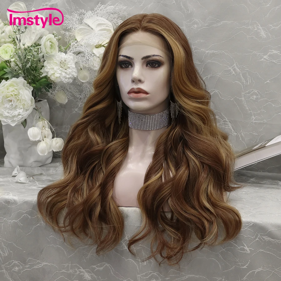 Imstyle-peluca sintética con malla frontal para mujer, postizo de fibra resistente al calor, ondulado Natural, color marrón