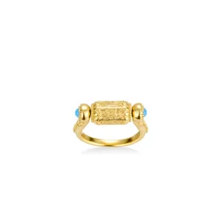 Blue Turquoise 925 Sterling Silver Gold-plated Rotatable Golden Carvings New Chinese Unisex Couple Ring