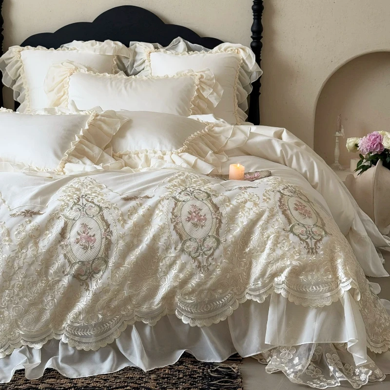 French Court Bedroom Long Staple Cotton Four Piece Set Pure Cotton Retro Princess Style Cotton Lace Bed Cover Design Bedding