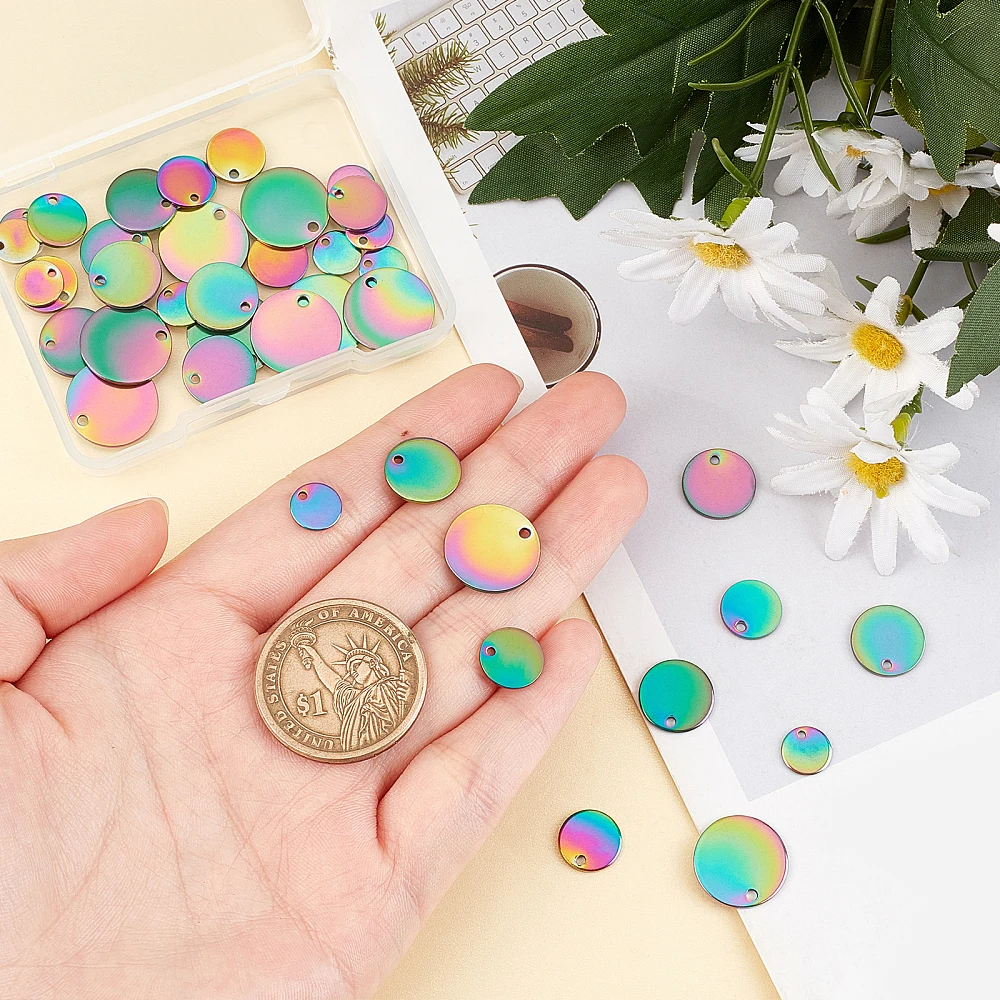 40Pcs Stainless Steel Flat Round Tag Charms Pendants Multi-color Stamping Blank Tag Pendants with Various Size for Jewelry