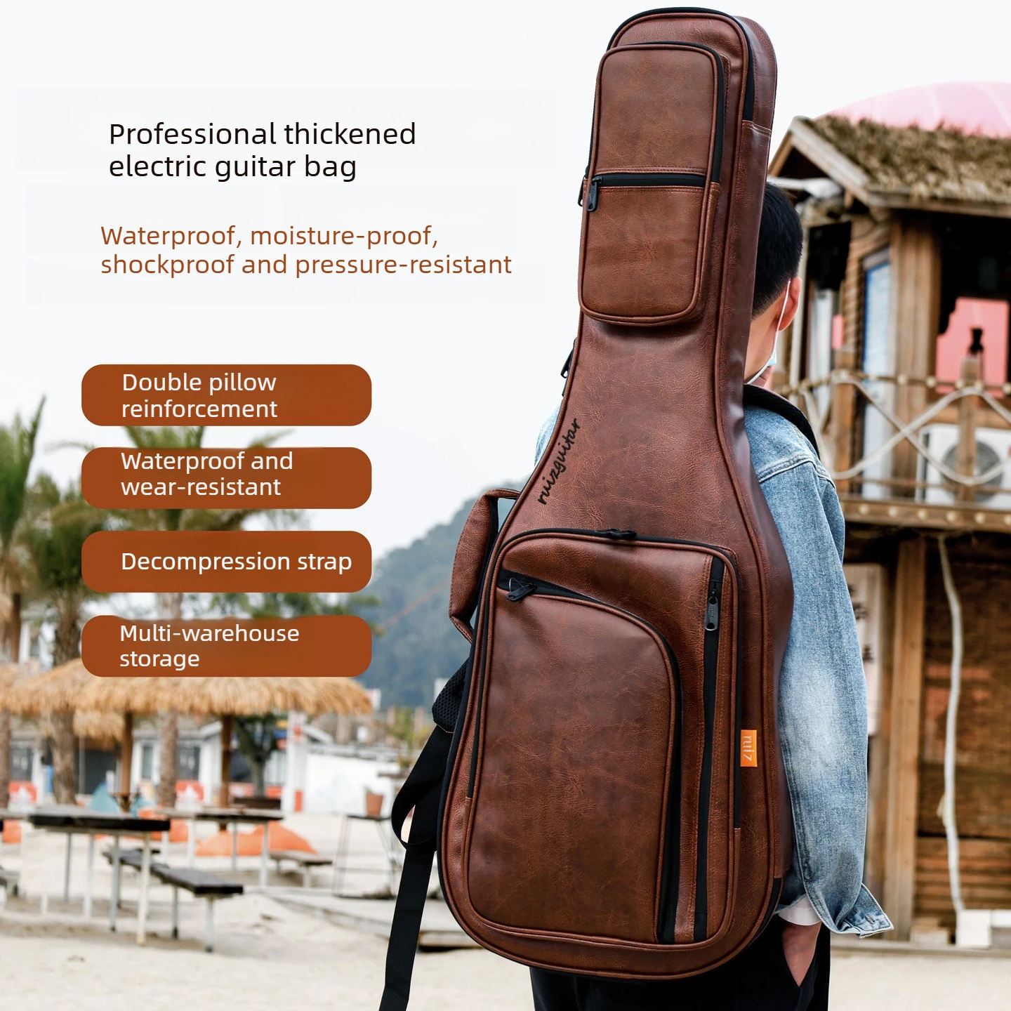 E-Gitarren-Koffer, E-Gitarren-Tasche, Gitarrenkoffer aus Hartem PU-Leder, Beidseitig Verstärkt, Wasserdicht, Karierter Koffer