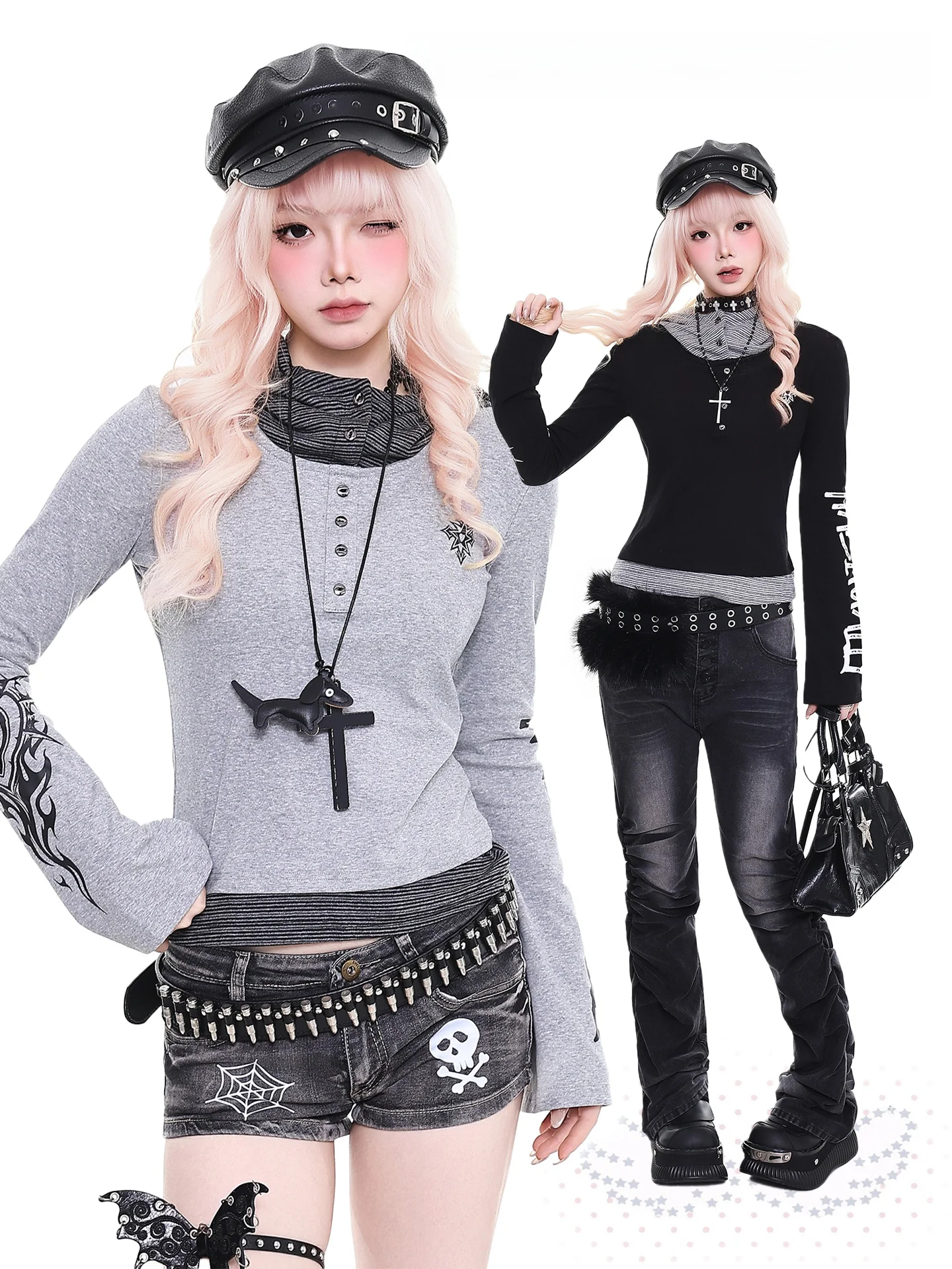 

Gothic Orange Marmalade T-irt Women's Slim Fit Long Sve Spring Hat Hooded Fake Two-Piece Top Cultural Sub-Cus Design