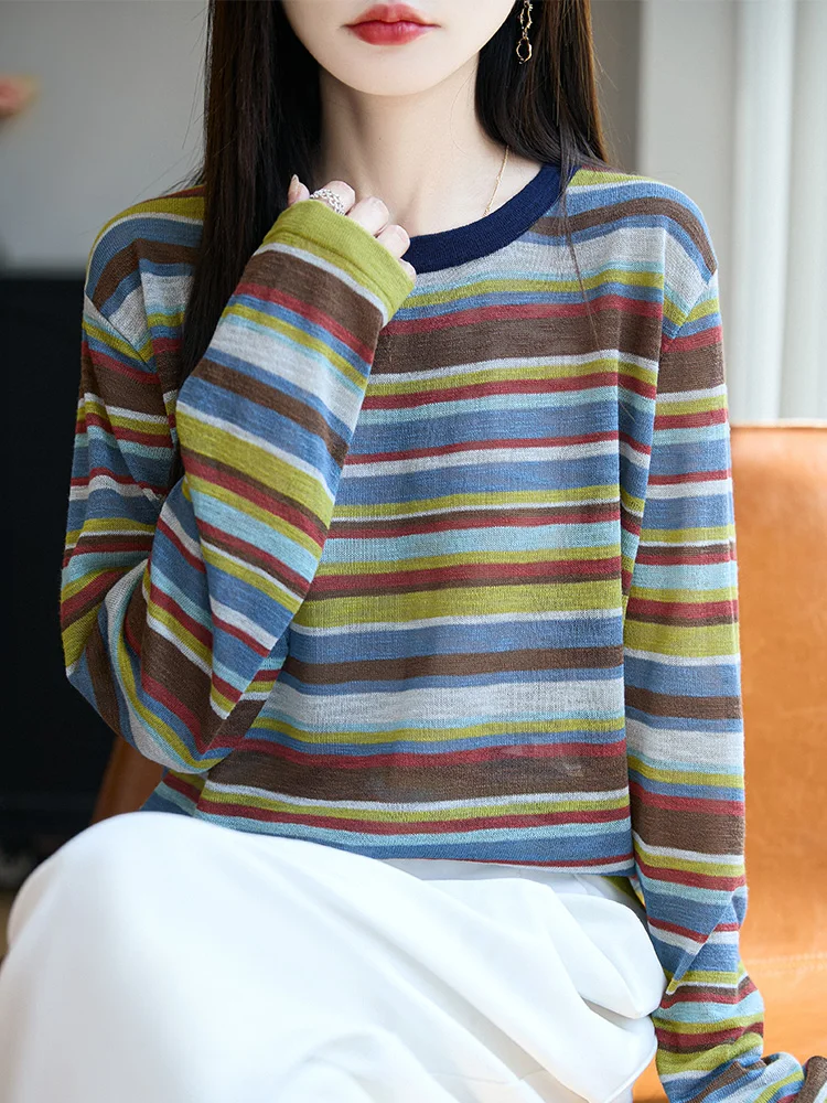 Women's round Neck Knitted Sweater Thin Long Sleeve Base Layer Air Conditioning Shirt Spring Summer Soft Comfortable Breathable