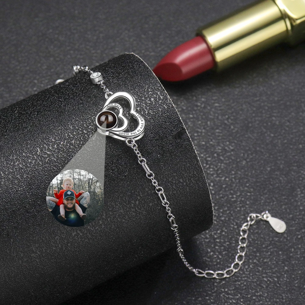 

Браслет с фотографией на заказ для женщин, проекционная фотография, браслет с подвеской в виде двойного сердца, серебряная цепочка 925, подарок на день рождения для влюбленных, мода