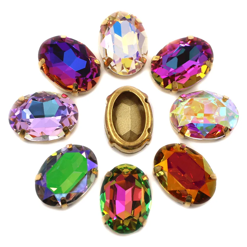 Clothing Accessories Oval Shape Glass Crystal Stones Golden Claw Setting Plating AB Rhinestones Sew On Garment/Shoes/Bag