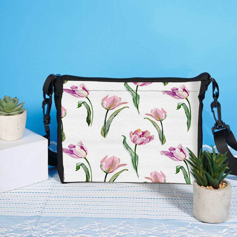 1pc Floral Tulip Print Crossbody Bag White Pink Tulips Pattern Shoulder Bags For Women Casual Daily Use Travel Shopping Outdoor