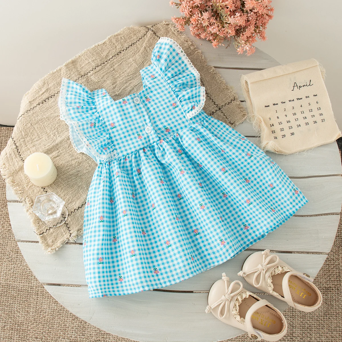 Summer New Blue Checkered Baby Girl Dress Small Red Flower Children'S Sleeveless Clothes (6 Months -3 Years Old)