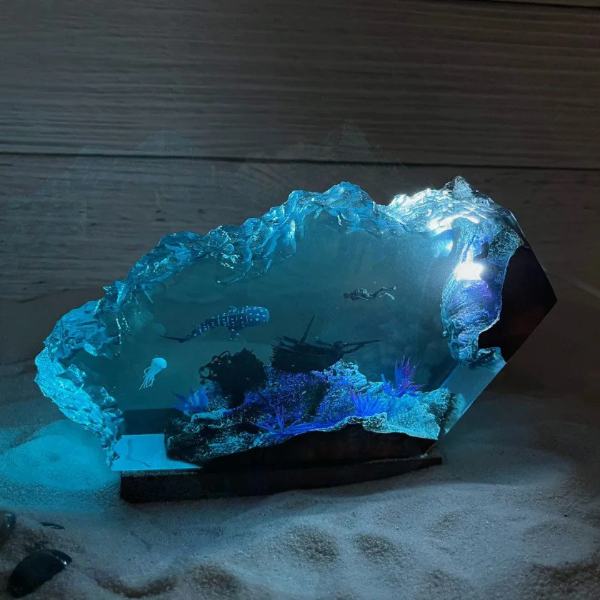 9X 6 Inches Shark Diver Resin Lamp Decoration for Home Water World Living Room Table Top Artwork Unique Gift