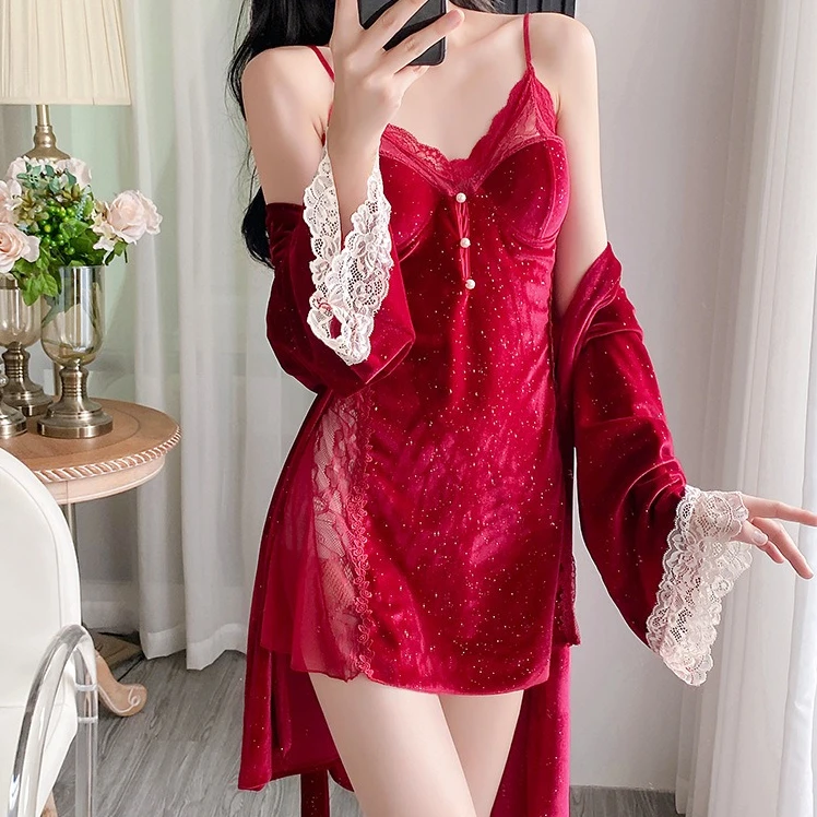 

Twinset Lace Velour Robe Gown Suit Spring Autumn Women Kimono Bathrobe Sleepwear Nightgown Set Casual Home Dress Loungewear