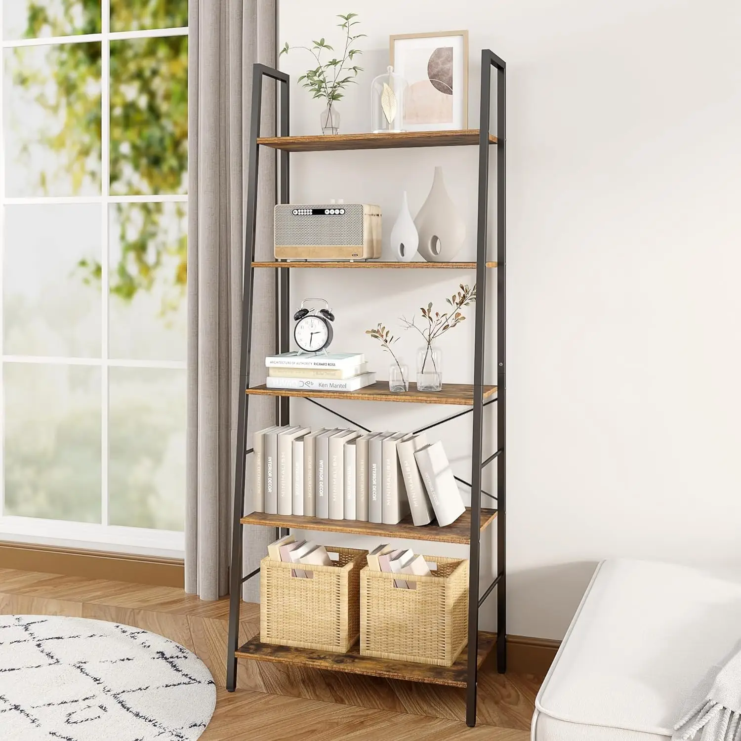 

Ladder Bookshelf, Industrial 5-Tier Bookcase,Free Standing Ladder Shelf, Utility Organizer Shelves for Plant Flower NEW USA