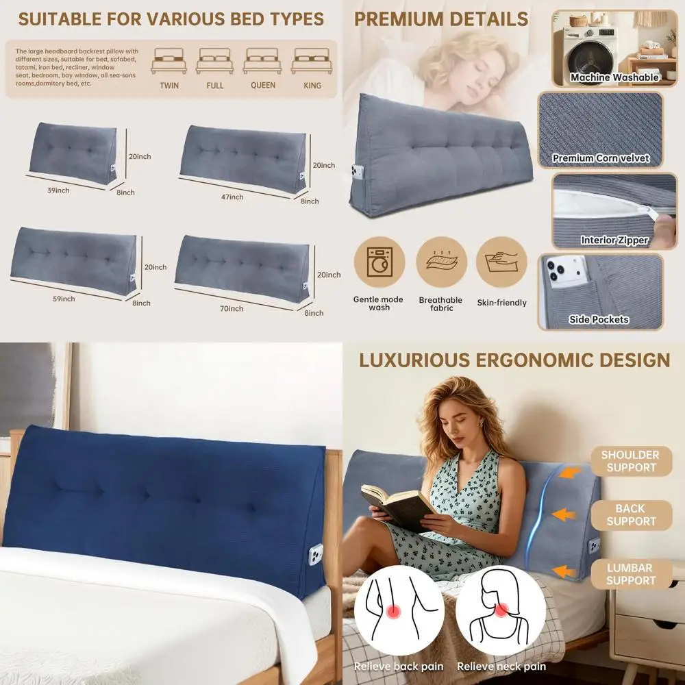 

Navy Blue Full Size Bed Wedge Pillow for Dorm, Daybed, Back Support, Sitting, Reading, Relaxing