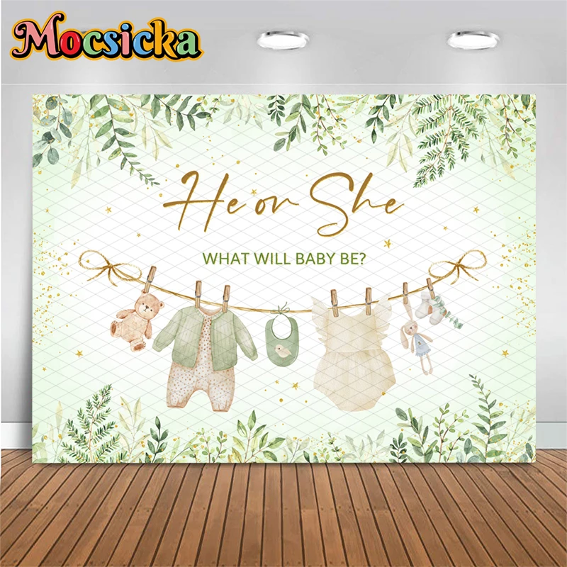 Mocsicka He Or She Gender Reveal Photography Backdrop Green Eucalyptus Leaf Clothes Kid Baby Shower Background Photo Studio Prop