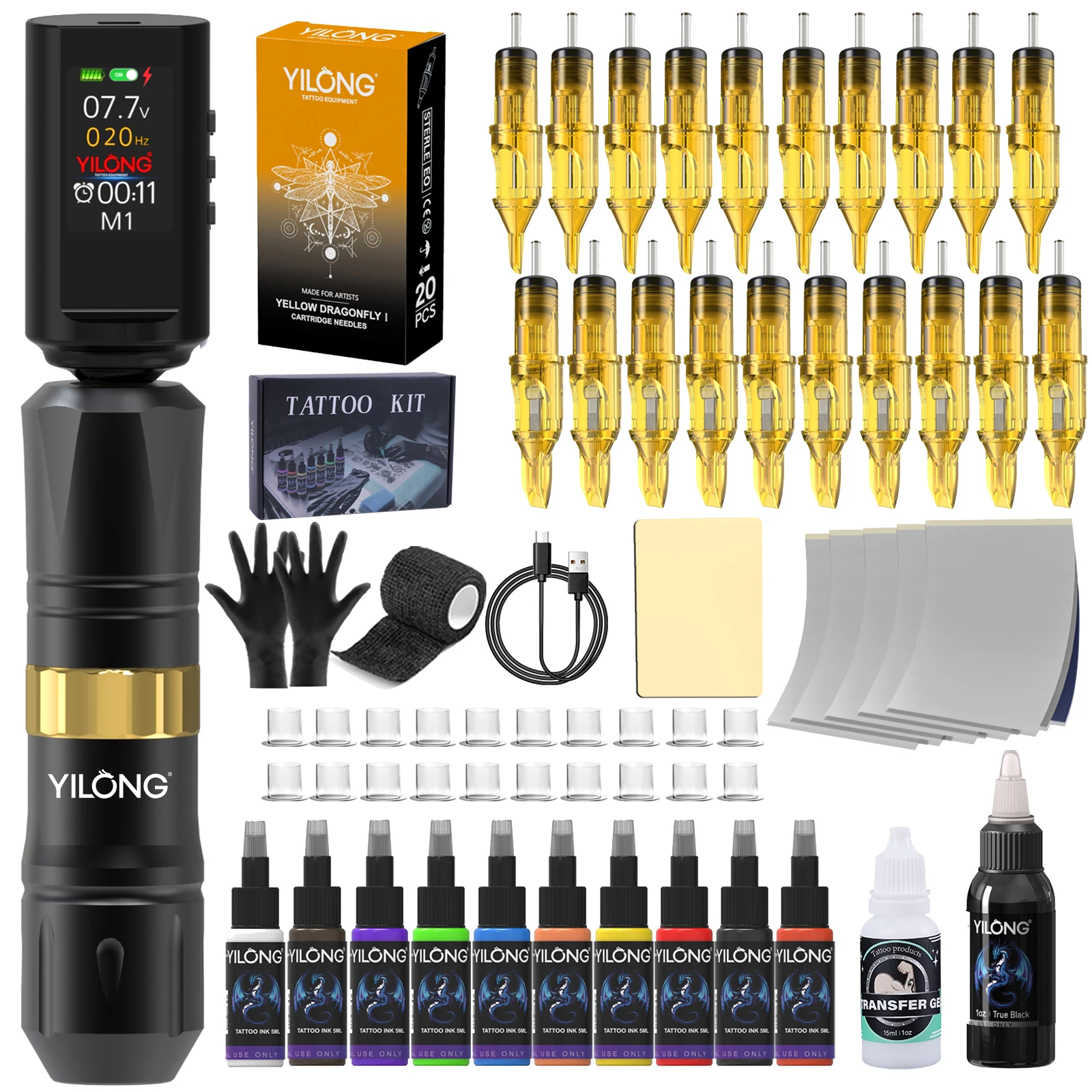 YILONG Complete Wireless Tattoo Kit for Beginners Rotary Pen Machine with LED Power Supply Ink Cartridges Needles Accessories