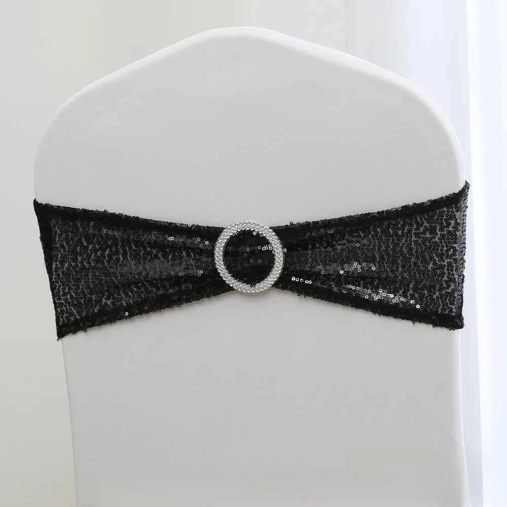 1PC Rhinestone Ring Buckle Sequin Chair Sash Stretch Elastic No-Tie Design Stretch Chair Cover Sequin Embellishment