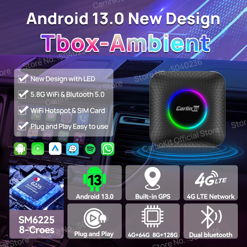 2025 CarlinKit CarPlay AI Box Android 13.0 SM6225 8-Cores Android Auto Wireless CarPlay Adapter 2.4+5GGPS 64G 128G FOTA Upgrade