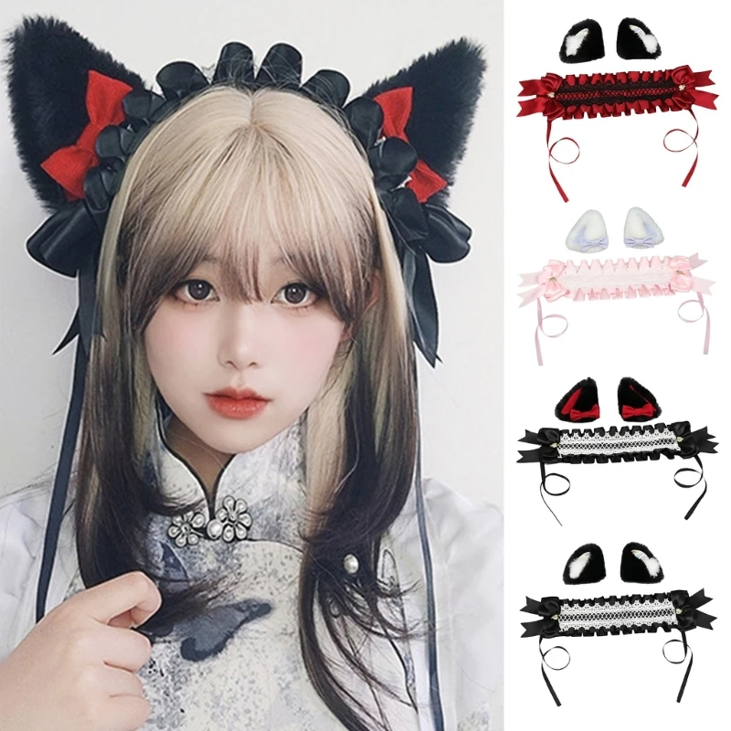 

Women Gothic Bows Ruffled Lace Headpiece with Lovely Cats Ear Ribbon Headbands Subculture Flouncing Maid Headwear Photography