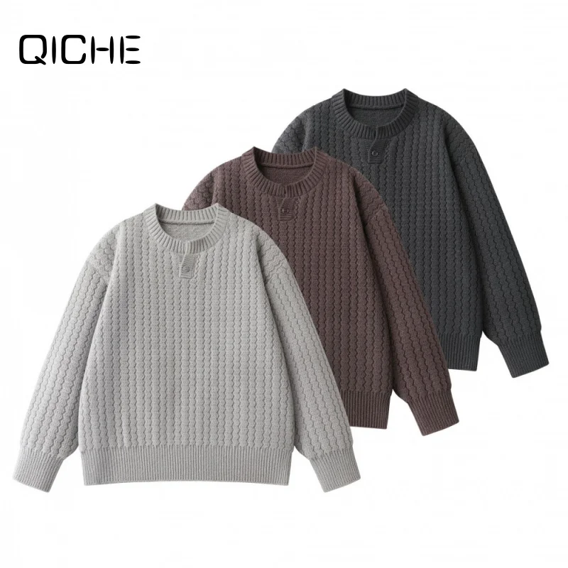 QICHE Men 2026 Autumn Winter Pullover Knit Sweater Japanese Vintage Old Money Style Solid Color Loose Casual Knit Top