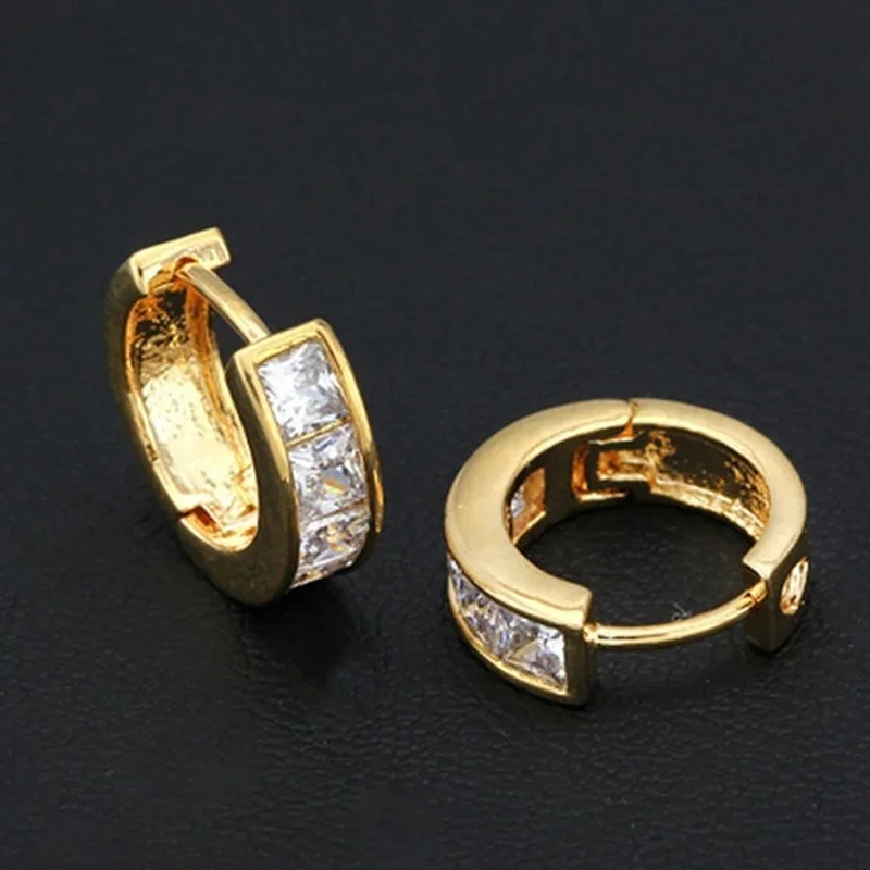 Zircon Top Quality Luxury Romantic Wedding Gift Jewelry One Pair of Men's Gold Plated Round Rhinestone Shining Hoop Earrings