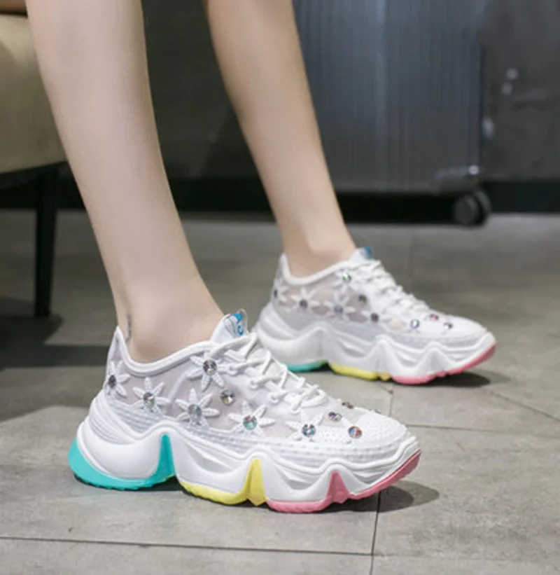 Summer New Mesh Hollow Breathable Thick Bottom Sports White Shoes Casual  Comfortable College Style Kawaii Shoes Cosplay Loli