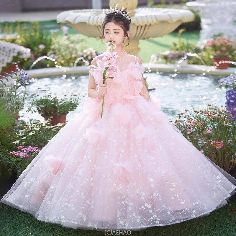 Long Dress Pink Girls Birthday Princess Dresses Children Sweet Tutu Gown Kids Stage Pageant Host Outfit Puffy Party Formal Wear