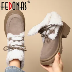 FEDONAS 2025 Winter Warm Women Ankle Boots Wool Decoration Snow Boots Cow Suede Leather Thick Heels Lace-Up Casual Shoes Woman