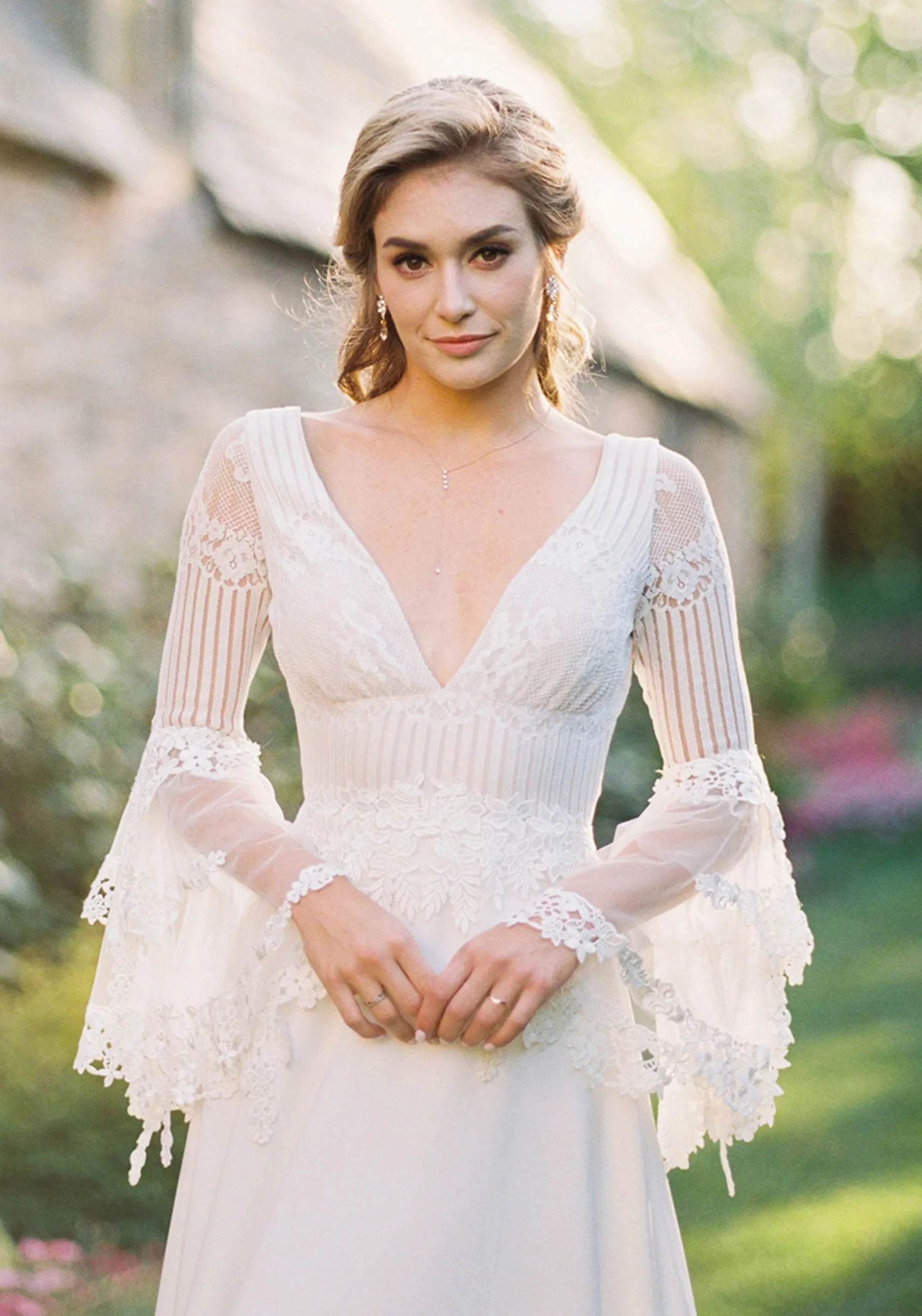 BBAYONLINE robe de mariée féerique avec corsage en dentelle de coton Hacienda manches en tulle superposées fluide a-ligne répétition jupe de ski mariée bohème