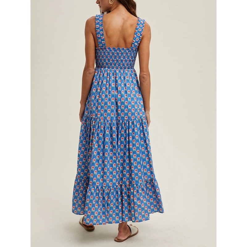 Combhasaki Abito da donna casual floreale con canotta smock collo quadrato senza maniche senza schienale a trapezio abito lungo con volant a strati con tasche