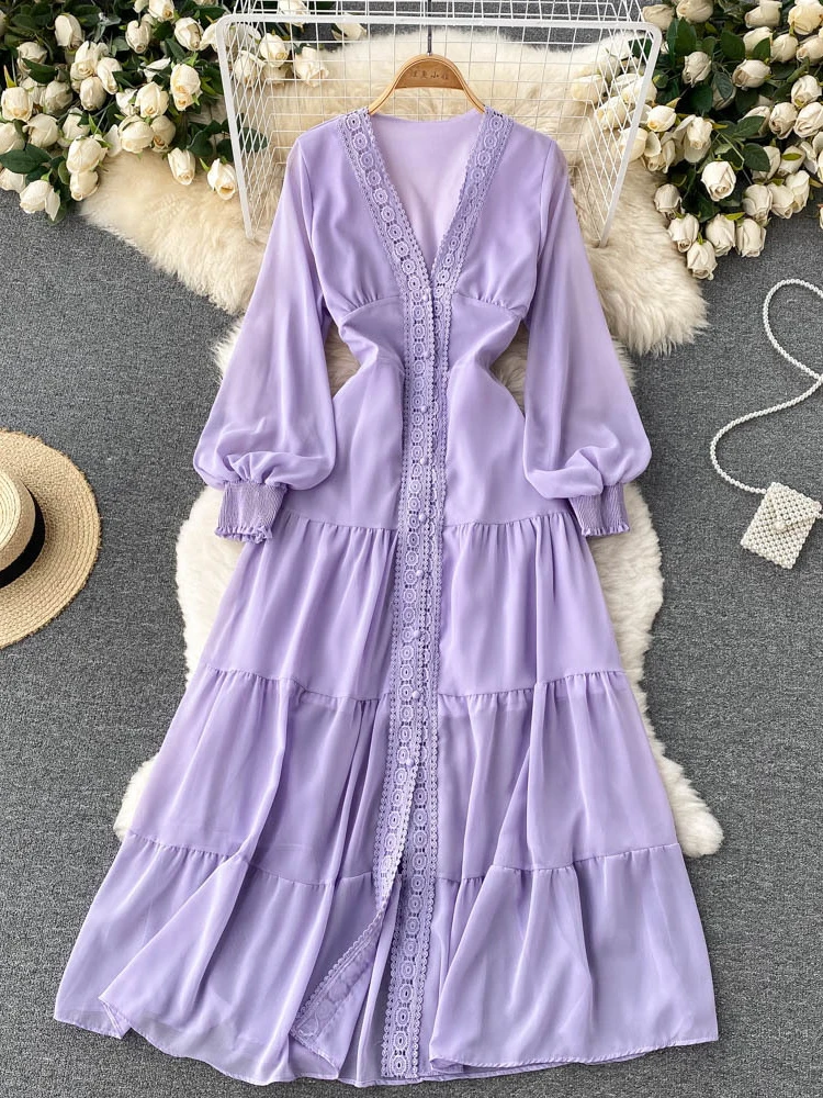 French Vintage Ethnic Style Beach Vacation Party A-line Dress Spring V-neck Lantern Sleeves High Waist Lace Robe Vestidos