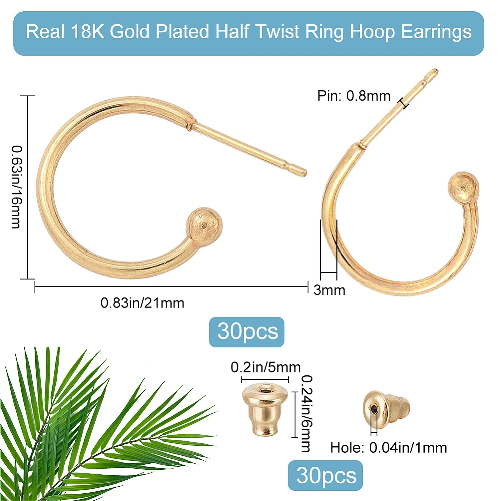 1 Box 30Pcs Half Hoop Earring Findings 18K Gold Plated Open Round Circle Stud Post Findings for Jewelry Making Supplies