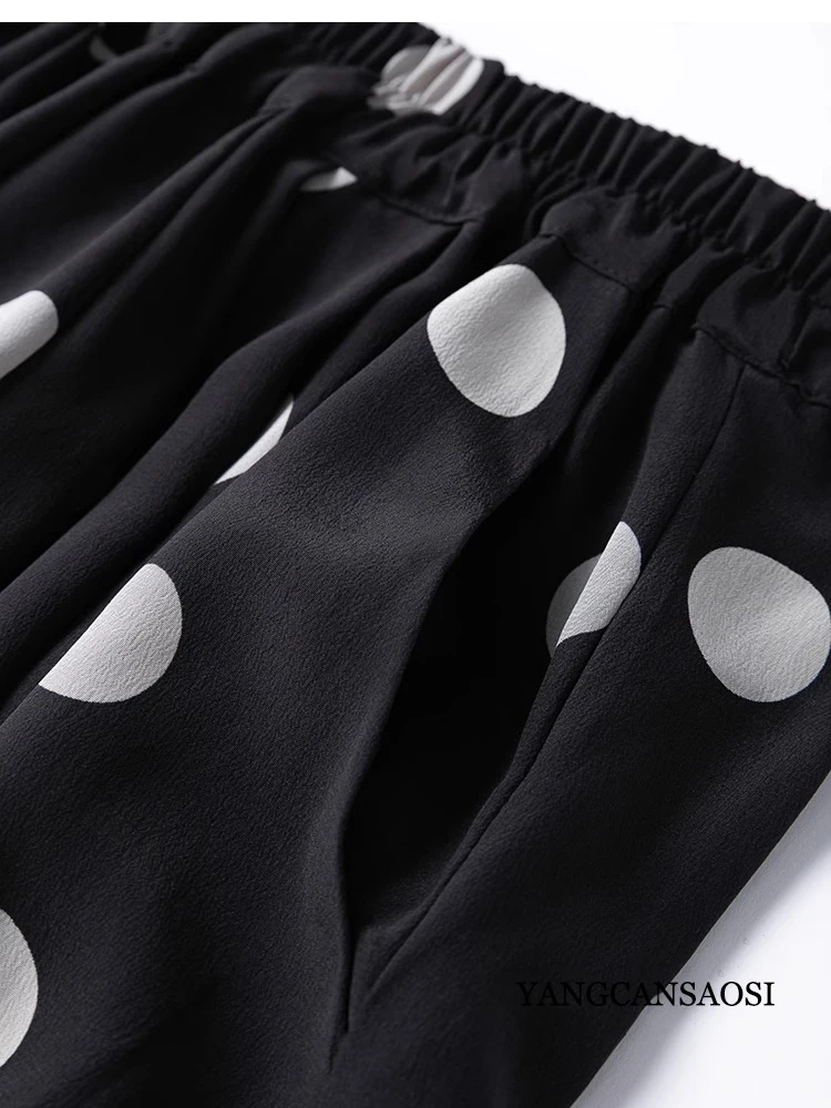 Modern Large Polka Dot 100% Natural Mulberry Silk Crepe De Chine Elastic Waist Women's Fashionable Cropped Lantern Pants