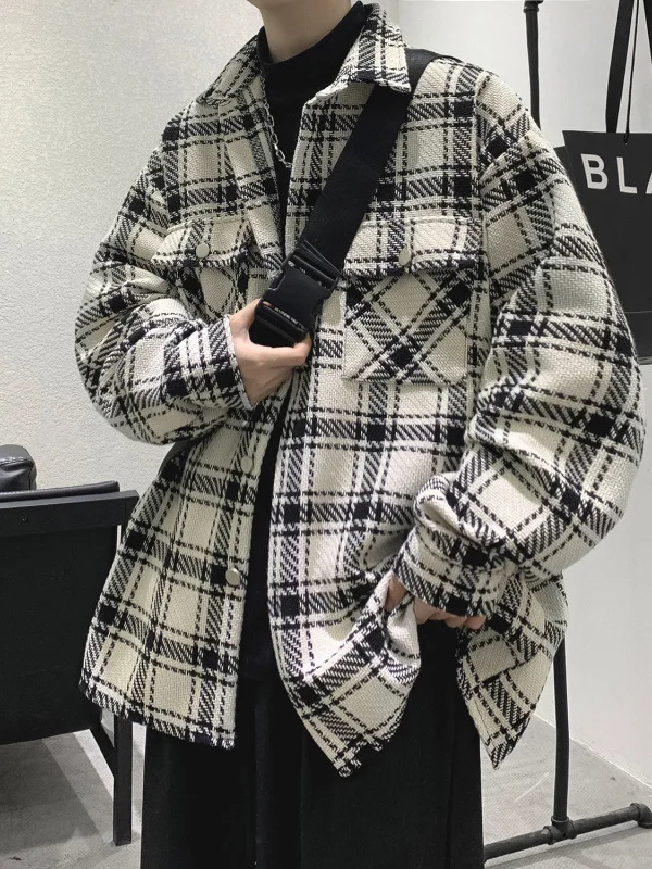 

Autumn Winter Large Size Loose Couple Open Cardigan Outerwear Men's Casual Plaid Long Sleeve Shirt Trendy Polyester Fiber Win...