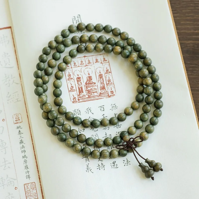 Natural Green Sandalwood Beads Necklace Men Women Buddhist 108 Beads Meditation Prayer Malas Rosary Fragrant Bracelet 6/8/10mm