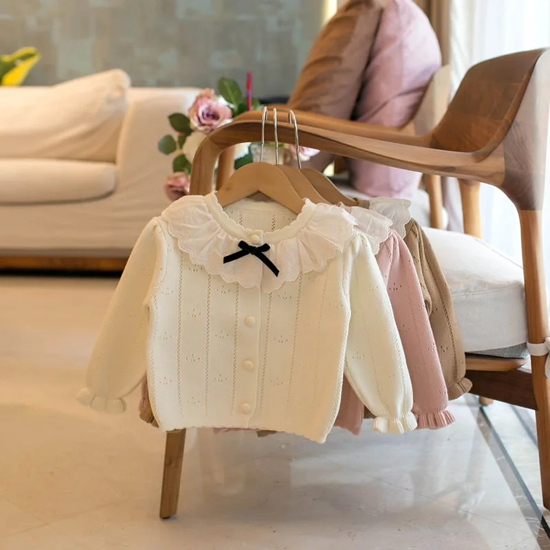

MILANCEL New Autumn Kids Knitted Cardigan 1-6T Lace Bow Girls Hollow Out Sweater Thin Loose Children Outwear Tops