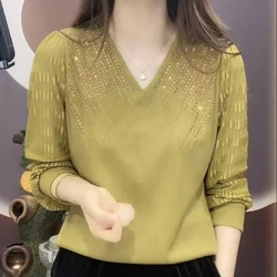 Spring New Loose Oversized Long Sleeve Underlay Shirt Tee Splice Hot Diamond Mesh Solid V Neck Fashion Commuter Korean Versatile