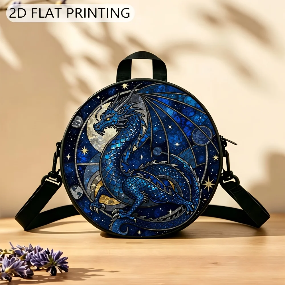 Blue Dragon Patterned Colored Glass Round Shoulder Bag Casual Messenger Bag Daily Adjustable Strap Crossbody Bag for Woman