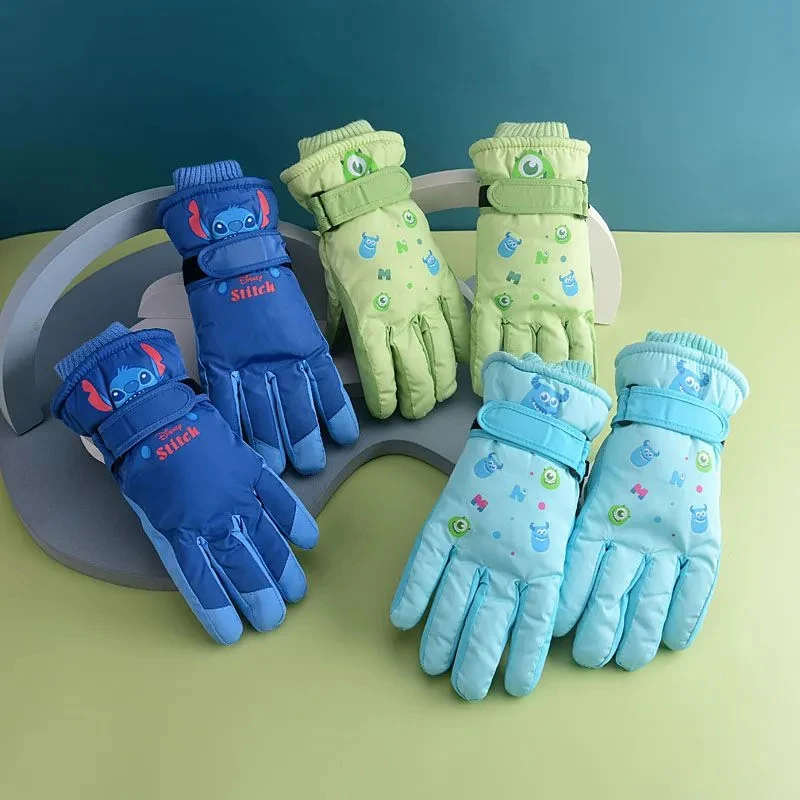 Disney Stitch Kid Ski Gloves Cotton Plus Velvet Thicken Coldproof Cartoon Glove Waterproof Windproof Winter Warm Play Snow Gifts