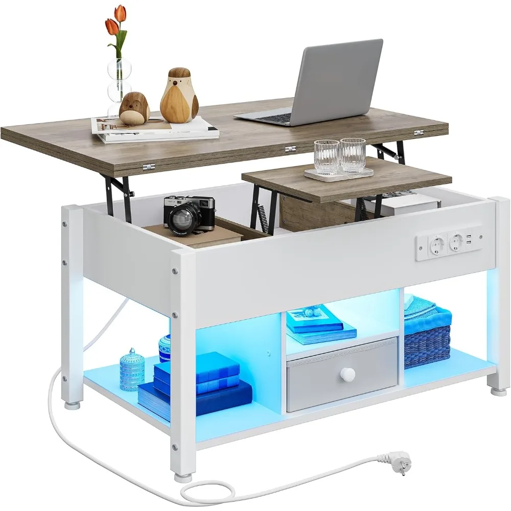 ITAHOME Mesa Centro Elevable LED RGB 4 en 1 Mesa Salón Compartment Almacenamiento Oculto Mesa Café