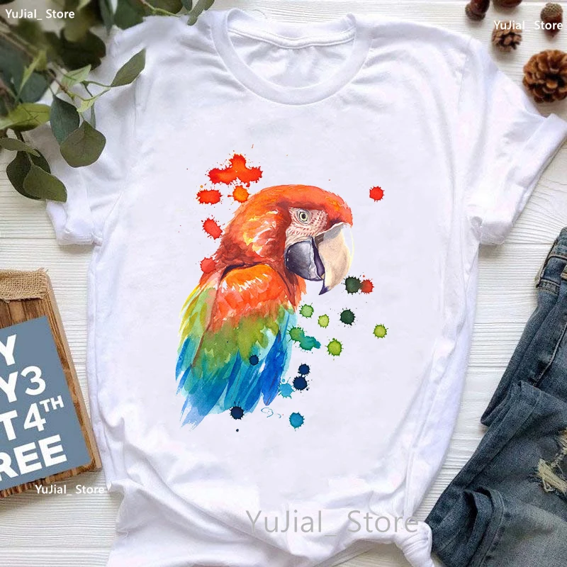 Watercolor Cockatiel Parrot Love Print Tshirt Women Clothes Funny White T Shirt Femme Harajuku Kawaii T-Shirt Streetwear