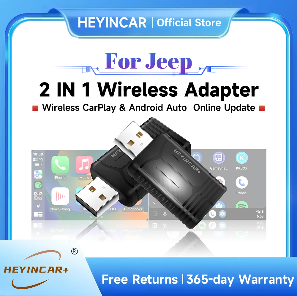 2024 New HEYINCAR 2IN1 Wireless Adapter Android Auto CarPaly Box For Jeep Wagoneer Compass Cherokee Benegde Wrangler Gladiator